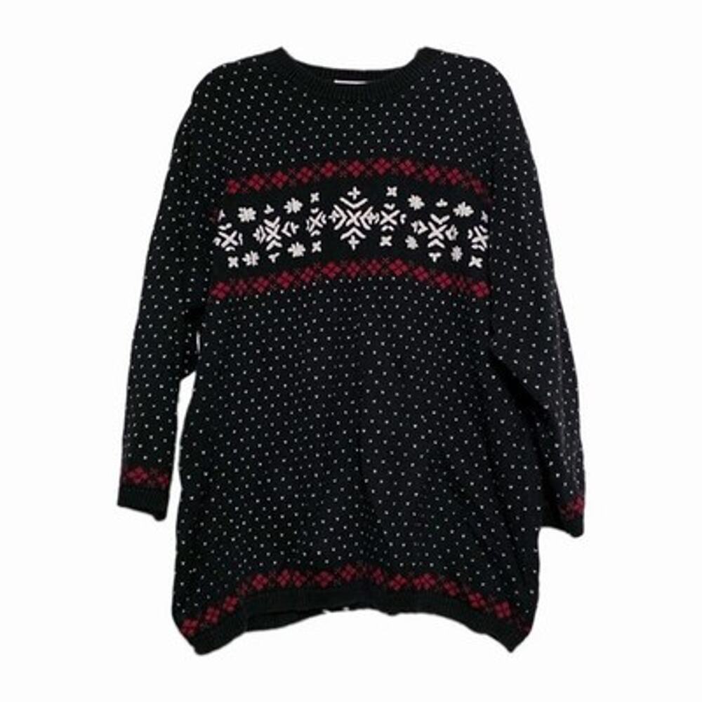 Vtg Liz Claiborne Snowflake Fair Isle Sweater Womens 3X Blaxk White 90s Holidays